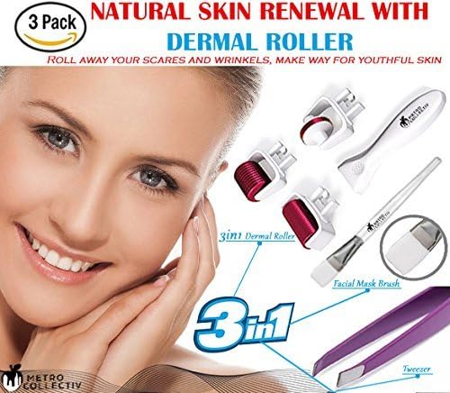 Best Selling SKIN CARE DERMA ROLLER KIT by Metro Collectiv|3 in 1 Medical Grade Titanium Derma Tool with Facial Mask Brush and Tweezers Included- 0.5mm/1mm/1.5mm| Micro Needling Great for Beginners