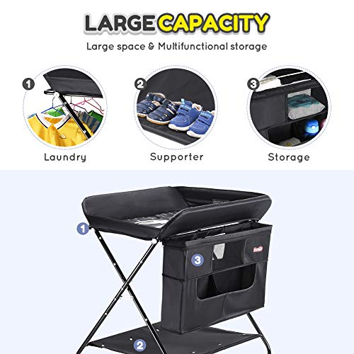 Baby Changing Table with Wheels, FORSTART Adjustable Height Folding Diaper Station Portable Mobile Nursery Organizer with Newborn Clothes & Storage Rack for Infant
