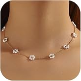 Smilelife Daisy Pearl Necklaces for Women, Gold Plated Stainless Steel Handmade Flower Choker Jewelry Women Gifts