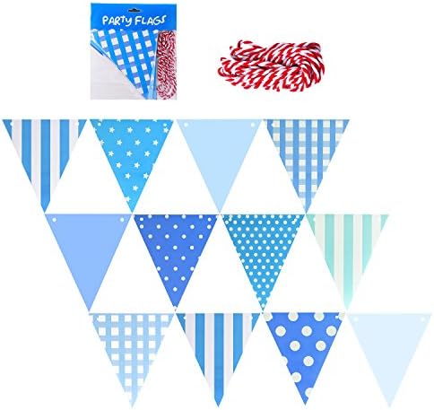 WEBO Navy blue Polka dotted pattern Stripes Solid Vintage Pennant Banner Paper Triangle Bunting Flags for Weddings, Birthdays, Baby Showers, Events &amp; Party