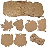 Supla 120 Pcs Maple Leave Owl Pumpkin Acorn Paper Cutouts with Holes Party Brown Kraft Xmas Tags Cards with Jute Strings Hang Labels Tags Candy Favor Tags Rustic Name Table Place Cards Escort Cards