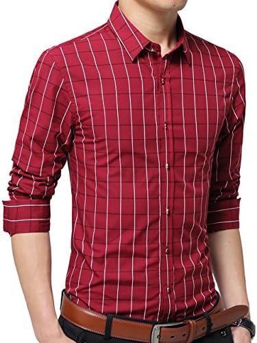 LTIFONE Men's 100% Cotton Long Sleeve Plaid Slim Fit Casual Formal Dress Button Down Shirt
