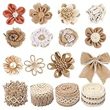 16 PCS Natural Burlap Flowers Set, Including 12 PCS Handmade Lace Burlap Flowers