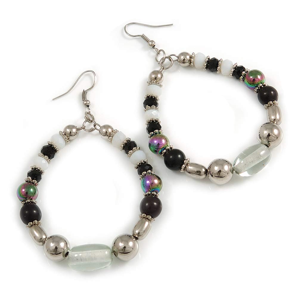 Black/White/Transparent Ceramic/Glass Bead Hoop Earrings In Silver Tone - 80mm Long