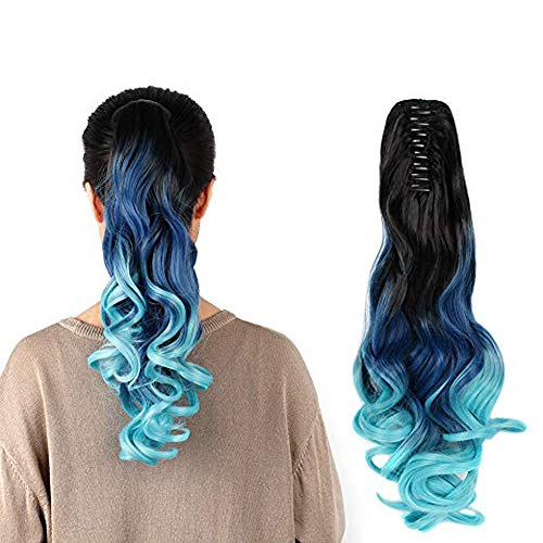 Neverland Beauty 22″ Claw on Triple Ombre Three Tone Synthetic Curly Wavy Ponytail Hair Extensions Black to Blue to Sky Blue