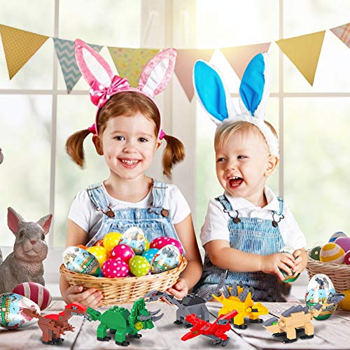3 otters 6PCS Easter Dinosaur Eggs, Dinosaur Eggs with Dinosaurs Building Blocks STEM Dinosaur Toys for Kids Surprise Easter Eggs Easter Basket Stuffers