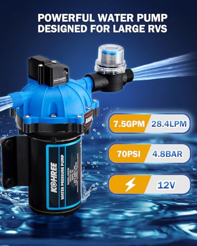 2026 Upgraded Kohree RV Fresh Water Pump 7.5 GPM 70 PSI, 12V DC Water Pump, Self-Priming, Five Chamber Diaphragm Water Pump with Heavy Duty Pressure Switch and Strainer for RV, Marine, Yacht, Caravan