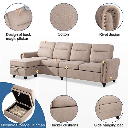 Walsunny Convertible Sectional Sofa Couch with Reversible Chaise, LShaped Couch 4seat Sofas