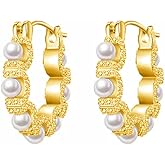 Pearl Hoop Earrings for Women 14k Gold Plated Small Hoop Earrings Hypoallergenic Pearl Huggie Earrings Trendy Jewelry for Women