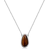 Watforsh Tigers Eye Silver and Brown Pendant Thin Chain Minimalist Simple Adjustable Necklace for Women