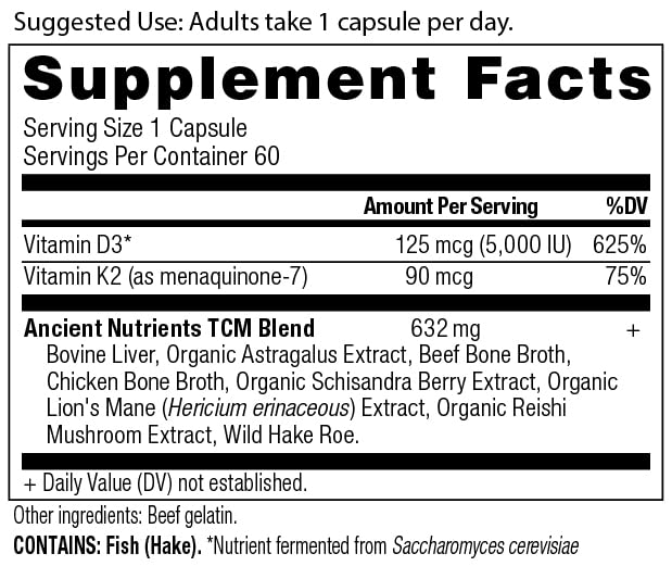 Ancient Nutrition Vitamin D Supplement, 5,000 IU Vitamin D for Immune Support, Made from Bone Broth and Mushroom Extract, Supports Healthy Inflammation, Paleo and Keto Friendly, 60 Capsules