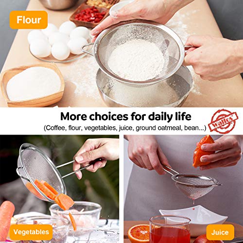 Walfos Fine Mesh Strainers Set, Premium Stainless Steel Sieve and Sifter with Sturdy Handle, Metal Kitchen Strainers Perfect for for Food, Rice, Quinoa, Fruit, Tea, Flour- 3 Sizes
