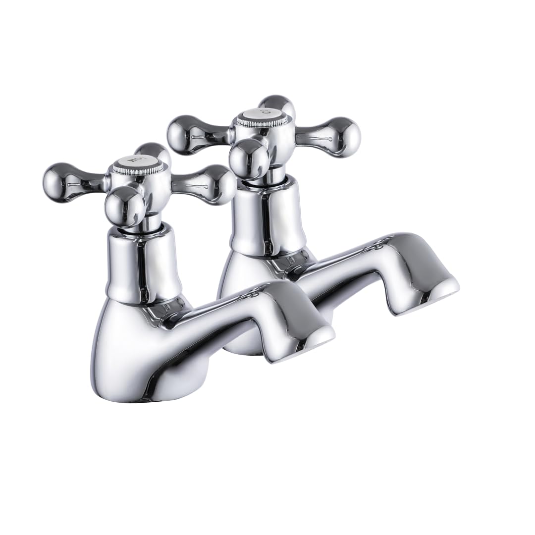 Veebath Spring Traditional Basin Pillar Taps – Classic Victorian Design, Solid Brass with Polished Chrome, G1/2" BSP Thread Inlet, Deck Mounted Bathroom Taps Pair, Bath and Basin Tap Set