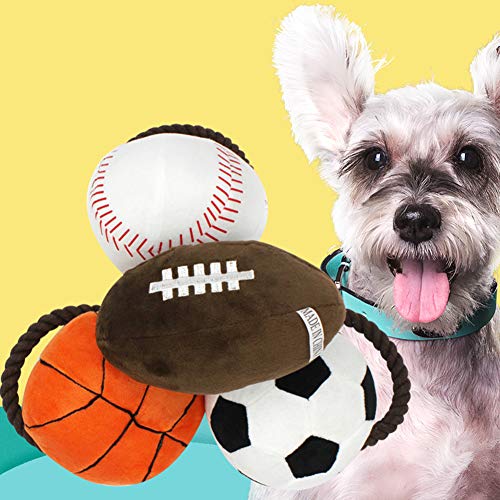 Cotton Rope Basketball Football Plush Doll Chewing Toy,Chewable Squeaky Toy for Pet Dog Cats - Baseball/Basketball/Football/Rugby