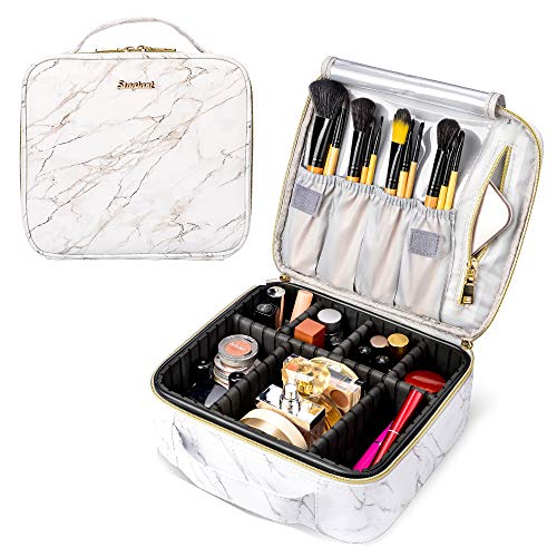 Stagiant Travel Makeup Train Case PU Leather Cosmetic Bag Marble Makeup Organizers Bag Storage with Dividers Brush Holder for Cosmetics Make Up Tools, White - Thumbnail 7