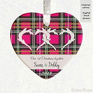 First Christmas together – Scottish diamond pink, reindeer ornament – personalized with name, christmas bauble, gift cohabitation, in love, partner, tile