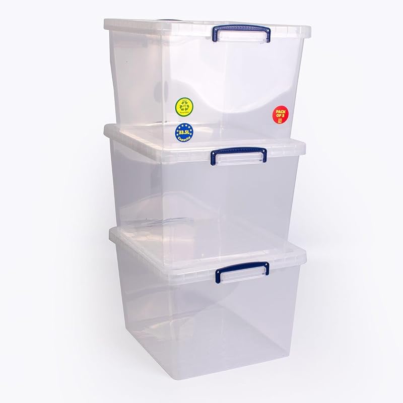 Really Useful Box 3 Pack 33.5 L Nestable with Lid Transparent 380x460x285