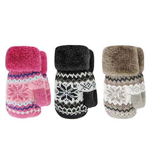 ORVINNER 3 Pairs Baby Toddler Winter Mittens Kids Warm Sherpa Lined Mittens Thicken Knit Gloves for Boys Girls (Snowflakes/Black+Snowflakes/Khaki+Snowflakes/Red) - Thumbnail 5
