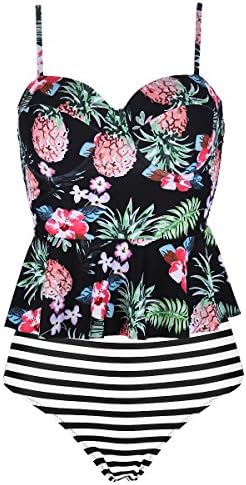 High Waisted Swimsuit for Women Floral Peplum Tankini,Printing,L (US 12-14)
