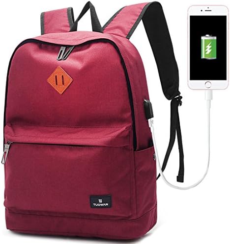 School College Backpack Bookbag Laptop Rucksack Travel Bag Casual Daypack with USB Charging Port Fits 15 Inch Laptop (02Red)