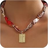 Nogesida Love Gift Western Cowgirl Scarf Charm Necklace, Dainty Statement 14K Gold Plated Boho Bandana Necklace Heart/Cross Pendant Adjustable Choker Jewelry