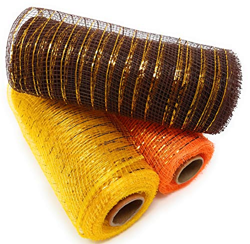 Fall Thanksgiving Decorative 5 Yard Mesh Rolls (Pack of 3) for Crafting Wreaths and Zip Ties for Securing Mesh to Frames (Dark Brown, Gold, Orange)