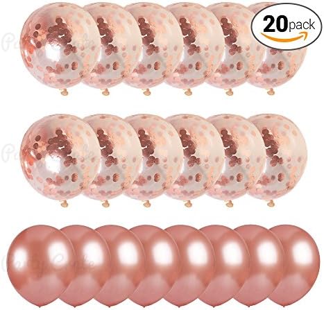 Large Rose Gold Confetti Balloons Decorations - 18 inch - Pack of 20 | Pre-filled Rose Gold Confetti Metallic Latex Party Balloons | Great for Weddings, Birthday Party, Bridal Shower, Party Decoration