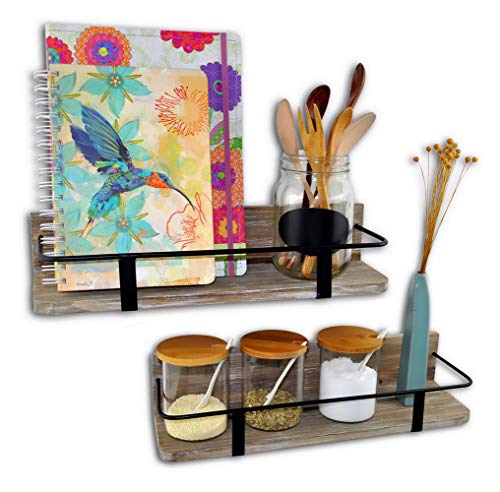 Spiretro Set of 2 (Large & Small) Grey Wall Mount Floating Shelves Rustic Torched Wood Espresso Black Metal Rail Storage Organize and Display for Living Room Bedroom Kitchen Room Bathroom Closet