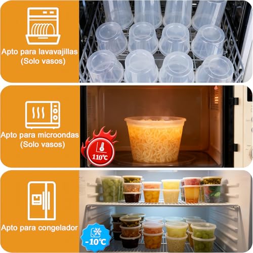 Juego de 60 Contenedores para Alimentos y Preparación de Comidas (Meal Prep) Toppers de Plástico Reutilizables 3 Tamaños (32/16/8 oz) Aptos para Microondas y Congelador Sin BPA