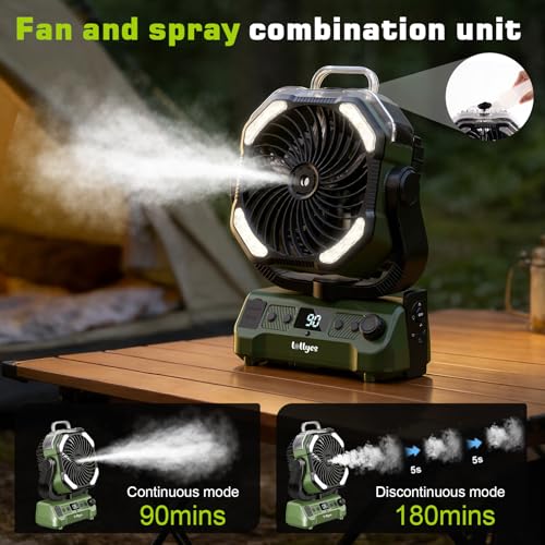 Lolleys Ventilateur Brumisateur de Camping 20000mAh, Ventilateur Portable Rechargeable avec Télécommande, Double Moteur, Crochet 360°, Vitesse Variable pour Extérieur Pêche Camping-car Plage, Green