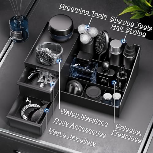 DancesCat Black Cosmetic Organiser for Men, Dressing Table Makeup Organiser with Drawers, Skincare Organiser Storage Box, Ideal Perfume Stand for Mens Bedroom&Bathroom Accessories (Matte Black)