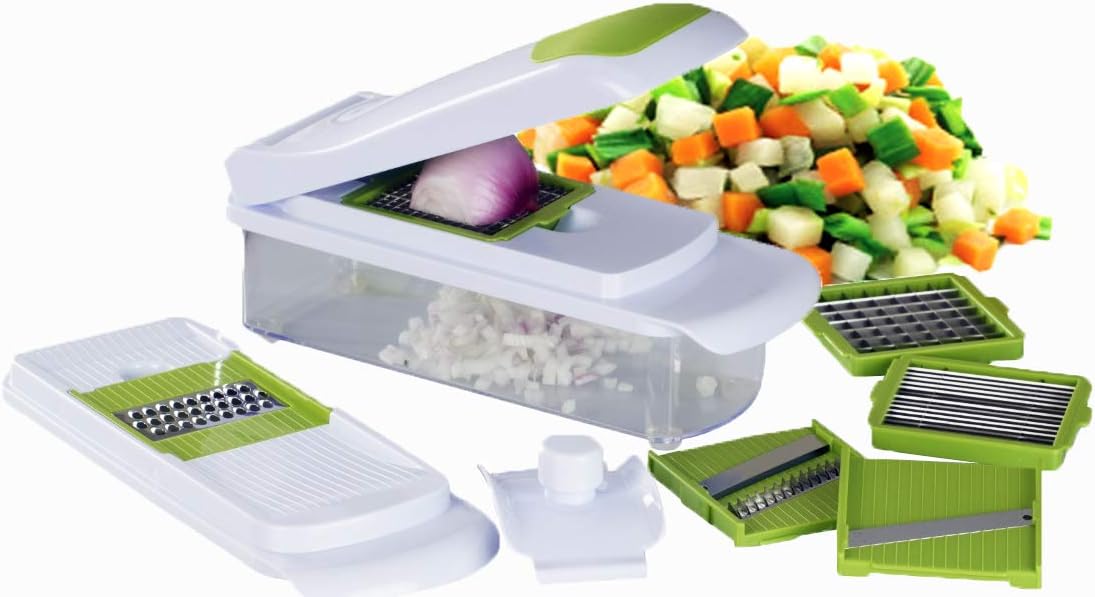 6 in 1 Multi-Function Mandolin Slicer | Food Chopper | Fruit & Vegetable Slicer, Grater, Food Chopper and Dicer | All-in-One Vegetable Cutter with 6 Blades, Food Container and Safety Holder