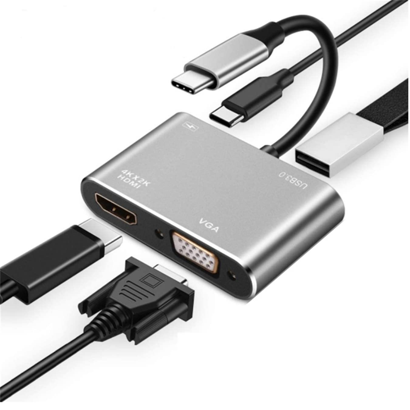 NAERSI USB C to HDMI VGA Adapter, 4K@30Hz 4-in-1 USB C Multiports Adapter Thunderbolt 3 to HDMI VGA with PD Charging Port and USB 3.0 Port, for MacBookPro/Air,Chromebook Pixel and More