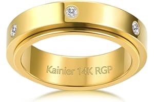 Kainier 14K Gold Plated Anxiety Rings Cubic Zirconia Stones Spinner Fidget Band Rings for Women Men Relieving Anxiety Lucky Rings Comfort Fit Size 5 to 10