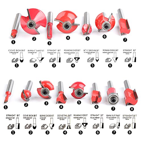 QLOUNI 15 Pcs Router Bits Set Tungsten Carbide Tipped Milling Cutter 1/4" Shank with Wood Case and Micro Wrench