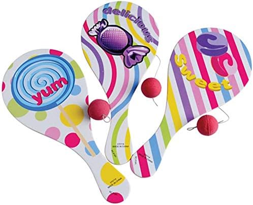 1 Dozen (12) Fun, Colorful Candy/Sweets Paddle Ball Games ~ Party Favors, Giveaways, Goody Bags