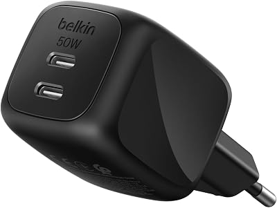 Cargador USB C con 2 Puertos, 50W, Cargador Multiple GAN con Dos Puertos Tipo C, Enchufe Carga Rápida para MacBook, iPhone 17, iPad Pro, Chromebook, Samsung Galaxy S25 Ultra y Pixel 10 - Negro