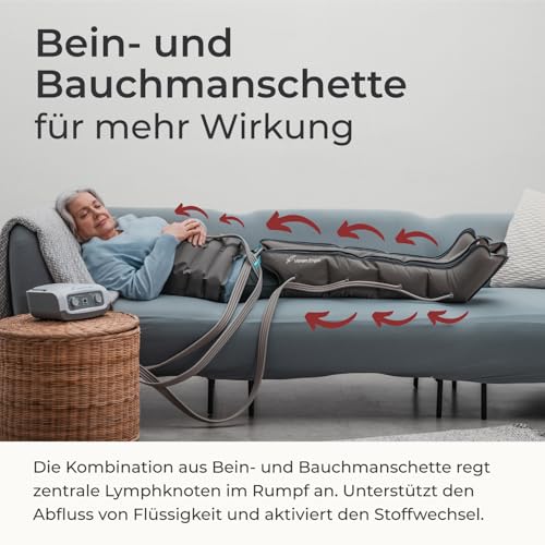 Venen Engel® 4 sliding wave massage device with abdominal and leg cuffs, 4 air chambers, pressure and time easily adjustable.