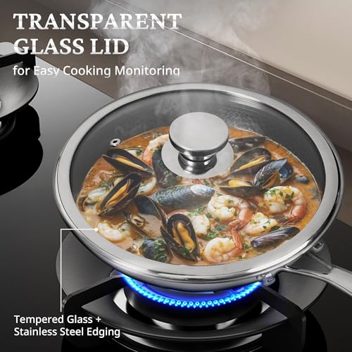 KOKHUB Stainless Steel Frying Pan with Lid, 28cm Nonstick Honeycomb Skillet, Non Toxic Cookware Pan for Induction, Electric and Gas Hob, Dishwasher/Oven Safe, PFOA Free