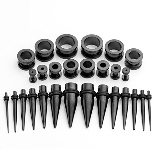 PiercingJ 28pcs 12G-00G Surgical Stainless Steel Tapers Stretching Kit + 12G-9/16" Flared Screw Tunnel Gauge Kit