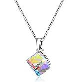 Uloveido Girl's Square Cube Authentic Austrian Crystal Hook Earrings and Rainbow Necklace Sets for Women - 925 Sterling Silver Wedding Engagement Jewelry Sets Box Packing Y418