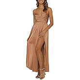MQCVC Women's Satin Cowl Neck Backless Maxi Dress Sexy Tie Back Spaghetti Strap Ruched Wedding Guest Slit Long Dresses