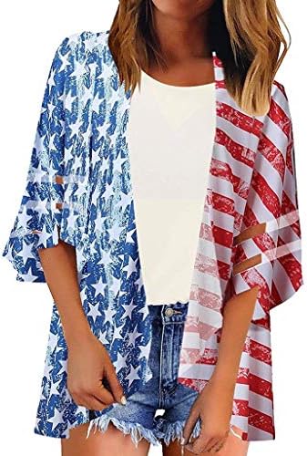 Fiaya 4th of July Women Sweatshirt Blouse American Flag Patriotic Button Off Shoulder Mesh Sleeve T-Shirt Tank Tops (M, Red Smock)