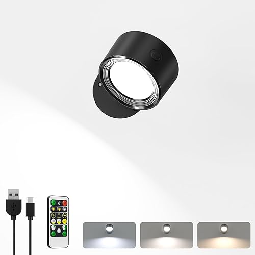 LED Wall Reading Lights with Remote, 1 Pack Rechargeable Wall Mounted Reading Sconces Lamp 3000mAh, 3 Colors & Dimmable Magnetic 360° Rotation Wall Lighting Spotlights for Bedroom Bedside
