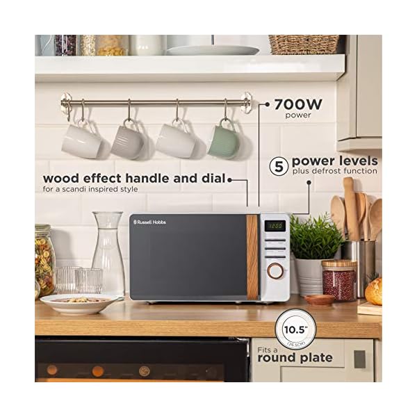 Russell-Hobbs-RHMD714-17-L-700-W-Scandi-White-Digital-Microwave-with-5-Power-Levels-Wood-Effect-Handle-Dials-Clock-Timer-Automatic-Defrost-Easy-Clean-8-Auto-Cook-Menus Russell Hobbs RHMD714 17 L 700 W Scandi White Digital Microwave with 5 Power Levels, Wood Effect Handle & Dials, Clock…