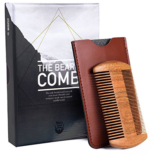 Beard Comb for Men - Wooden Natural Sandalwood Antistatic No Static Dual Action Beard Comb - Fine & Coarse Tooth Perfect for Balms and Oils - Includes PU Leather Case - Presented in Cardboard Gift Box