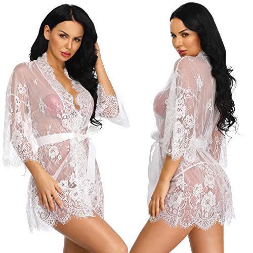 LALAVAVA Women Sexy Robe Lingerie Set Lace Flower Kimono Babydoll Short Nightgown (White, XL)