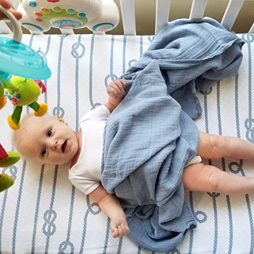 Cotton Muslin Swaddle Blanket 3 Pack 47" x 47" - Dusty Blue Nautical Print - Thumbnail 6