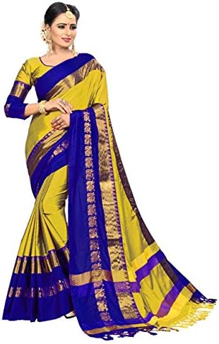 Vivan Trendz Cotton Silk Saree with Blouse Piece (Yellow & Royal_Free Size)