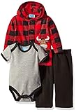 BON BEBE Boys' 3 Piece Microfleece Jacket Set with Bodysuit and Pant, Lumberjack Red, 0-3 Months